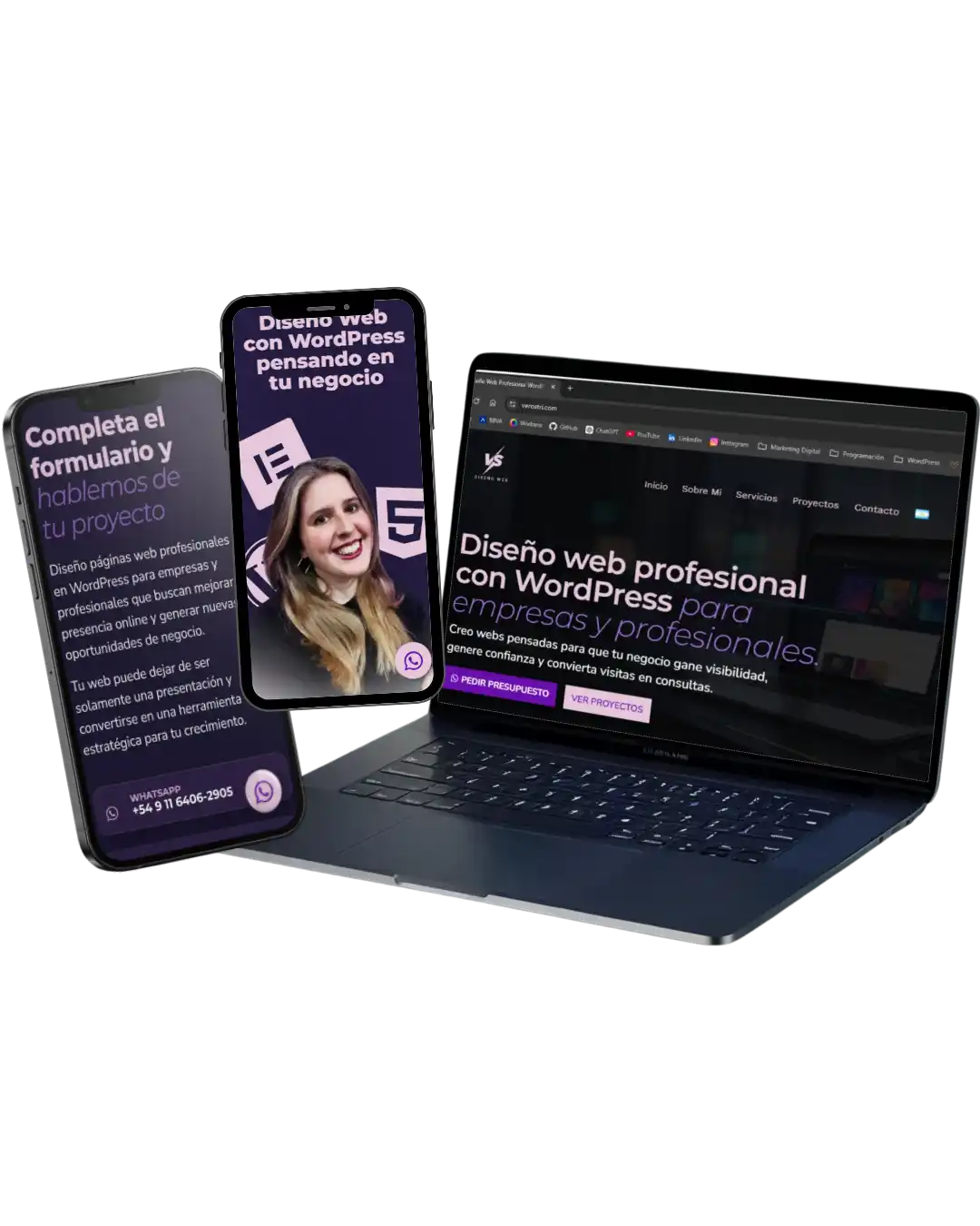 Diseño web en WordPress presentado en mockup 3D